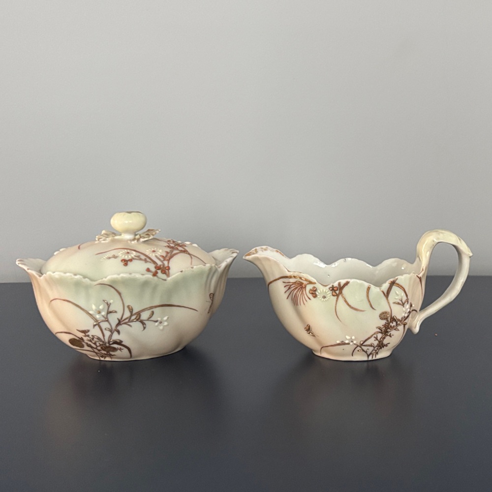Floral Cream and Brown Ceramic Sugar and Creamer Set